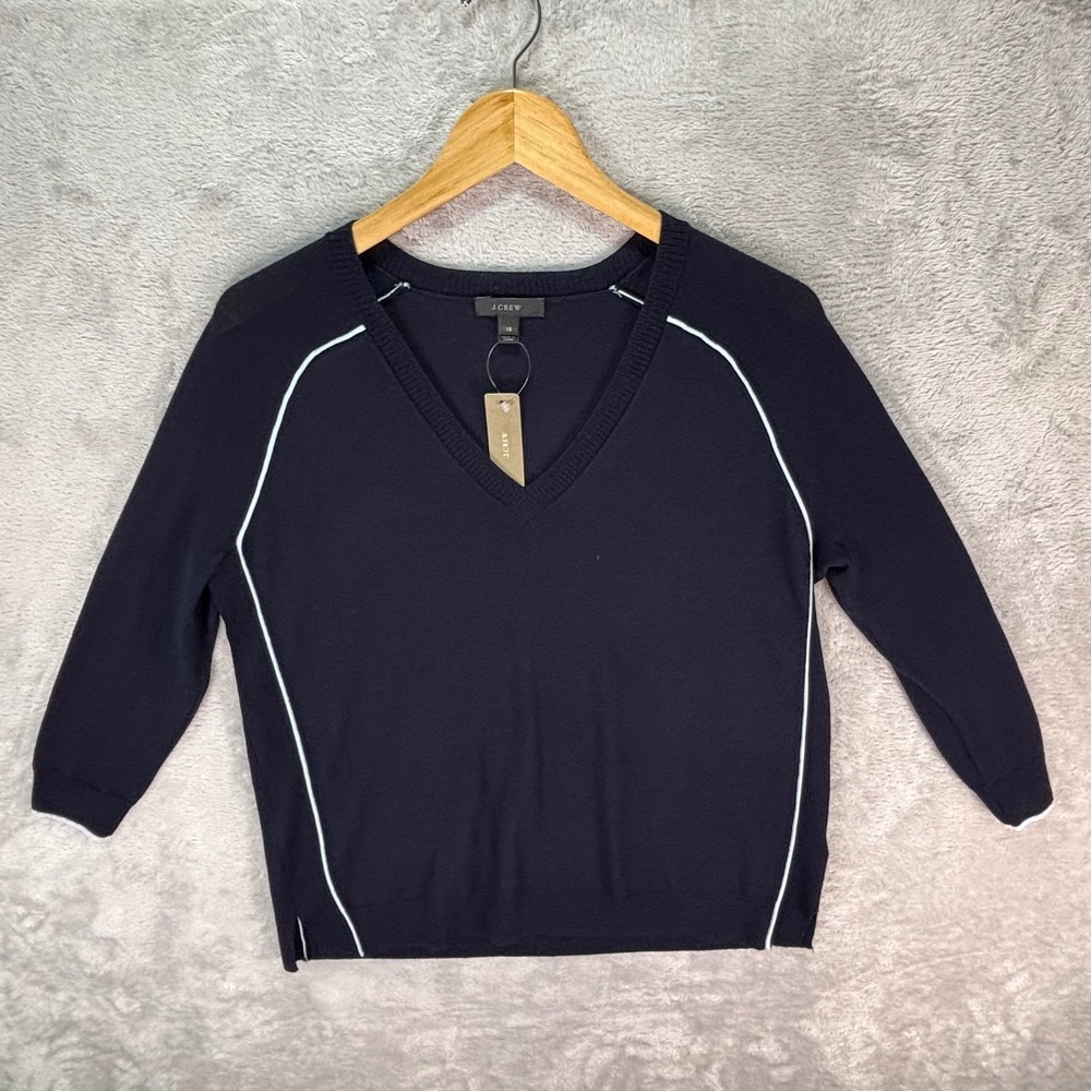J.Crew‎ Women's Merino Wool Navy V-Neck Sweater White Trim Sz XS Athletic Style - Picture 5 of 10